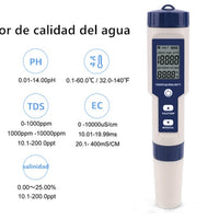 Medidor de pH/Salinidad/Temperatura/TDS/CE, Portatil Detector de Calidad de Agua 