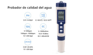 Medidor de pH/Salinidad/Temperatura/TDS/CE, Portatil Detector de Calidad de Agua 